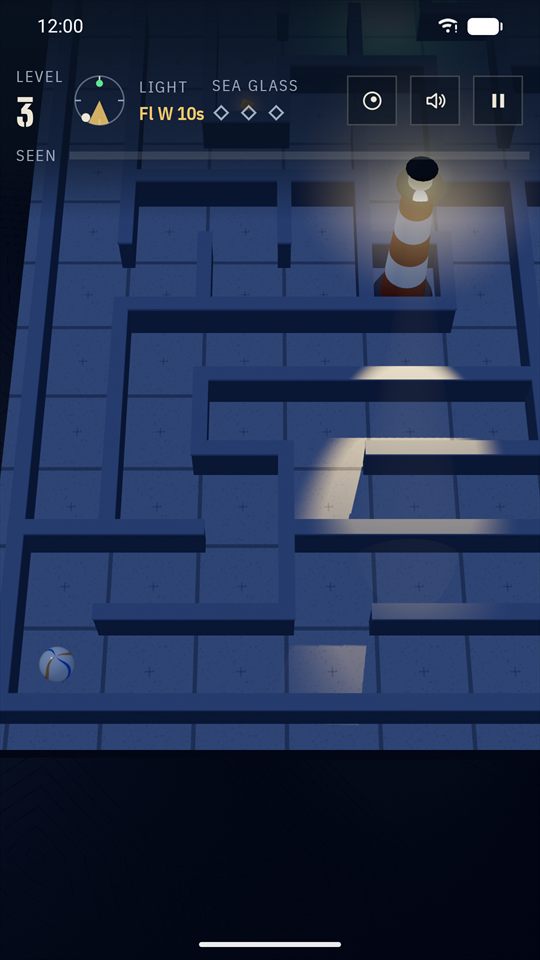 Level 3: the lighthouse sweeps its beam across the maze while the marble waits in the shadows.