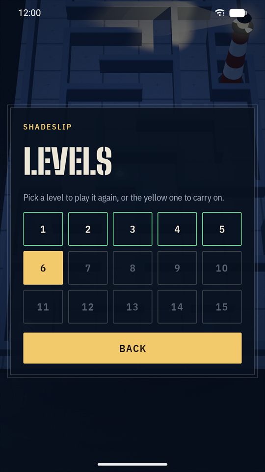 The level grid: five cleared levels, level 6 ready to play and the rest locked.