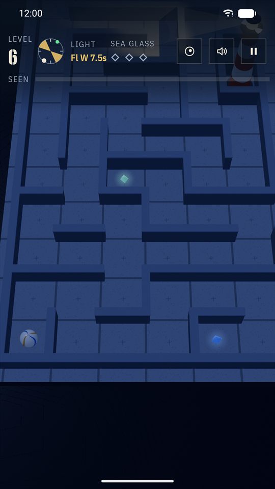 Level 6: a larger maze with the lighthouse at the far end.